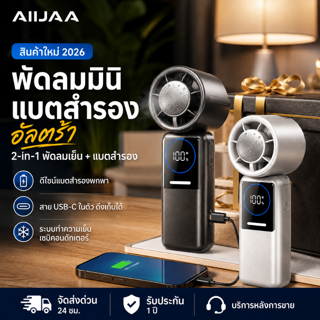 AIIJAA พัดลมพกพา TEC Cooling พัดลมพาวเวอร์แบงค์ 2in1 ชาร์จมือถือได้ ลมแรง ปรับลม 100 ระดับ USB Type-C