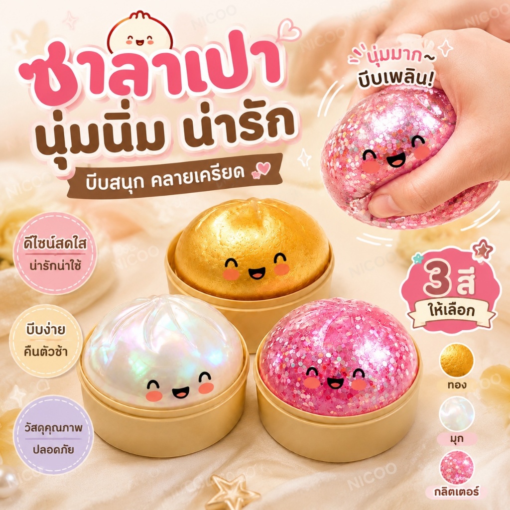 ส่งไวจากไทย🔥สกุชชี่ซาลาเปากลิตเตอร์ Rainbow Mystery Bun สโลวรีบาวด์ นุ่มเด้ง ของเล่นคลายเครียด แถมเข่งนึ่ง