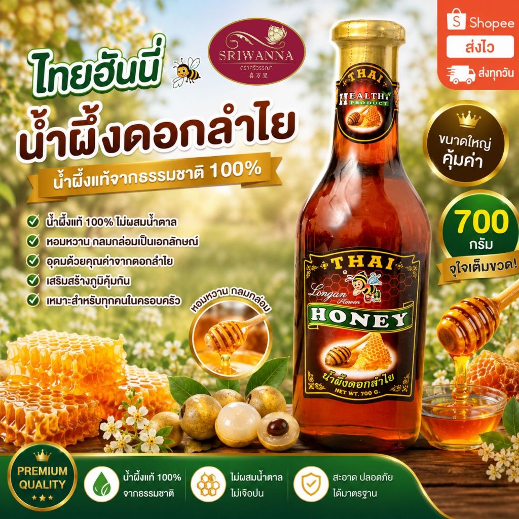 THAI HONEY (ไทยฮันนี่) น้ำผึ้งดอกลำไย ขนาด 700 กรัม น้ำผึ้งแท้ 100%