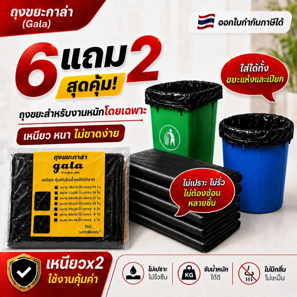 ถุงขยะกาล่า 6 แถม 2 (ได้ 8 แพ็ค) ถุงขยะดำ ถุงขยะแบบหนาเหนียวพิเศษ (ถุงขยะกาล่า) เนื้อเหนียว ทนทาน ไม่ขาดง่าย ไร้กลิ่น