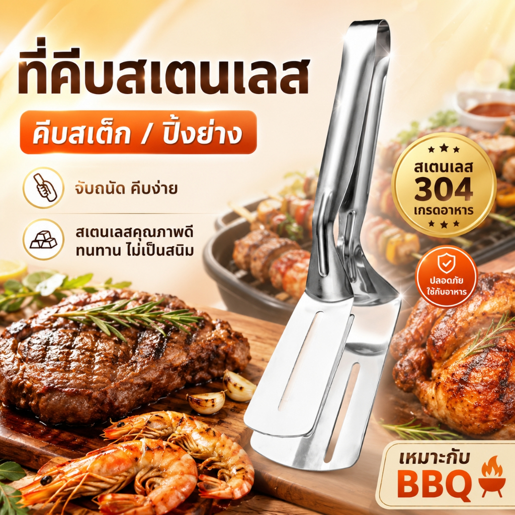 ที่คีบสเต็ก 2in1 ที่คีบอาหาร+ตะหลิว สแตนเลส 304 สำหรับปิ้งย่าง BBQ ซื้อ 1 แถม 1