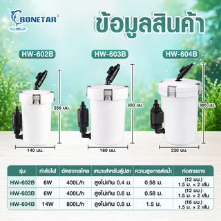 BONETAR HW-602B/603B/604B กรองนอกตู้ปลา ระบบกรอง3ชั้น ปั๊มในตัว สำหรับตู้16-36นิ้ว ชุดท่อครบ กรองนอกตู้ปลาประหยัดไฟ
