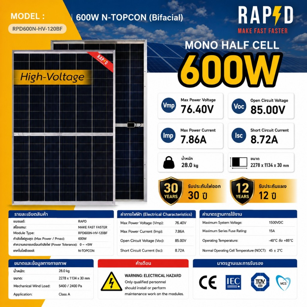 High VOL 600W Bifacial N-TYPE แผงโซล่าเซลล์  Mono half cell  RAPD อ่านรายละเอียดการส่งทุกครั้ง! (มีค่าส่งข้ามเกาะ) 52017