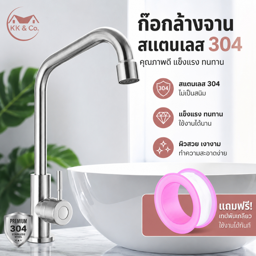 ก๊อกน้ำอ่างล้างจาน ก๊อกน้ำซิงค์ แบบตั้งสแตนเลส SUS304 เหมาะสำหรับทั้งชามเดี่ยวและชามคู่อ่างล้างจาน