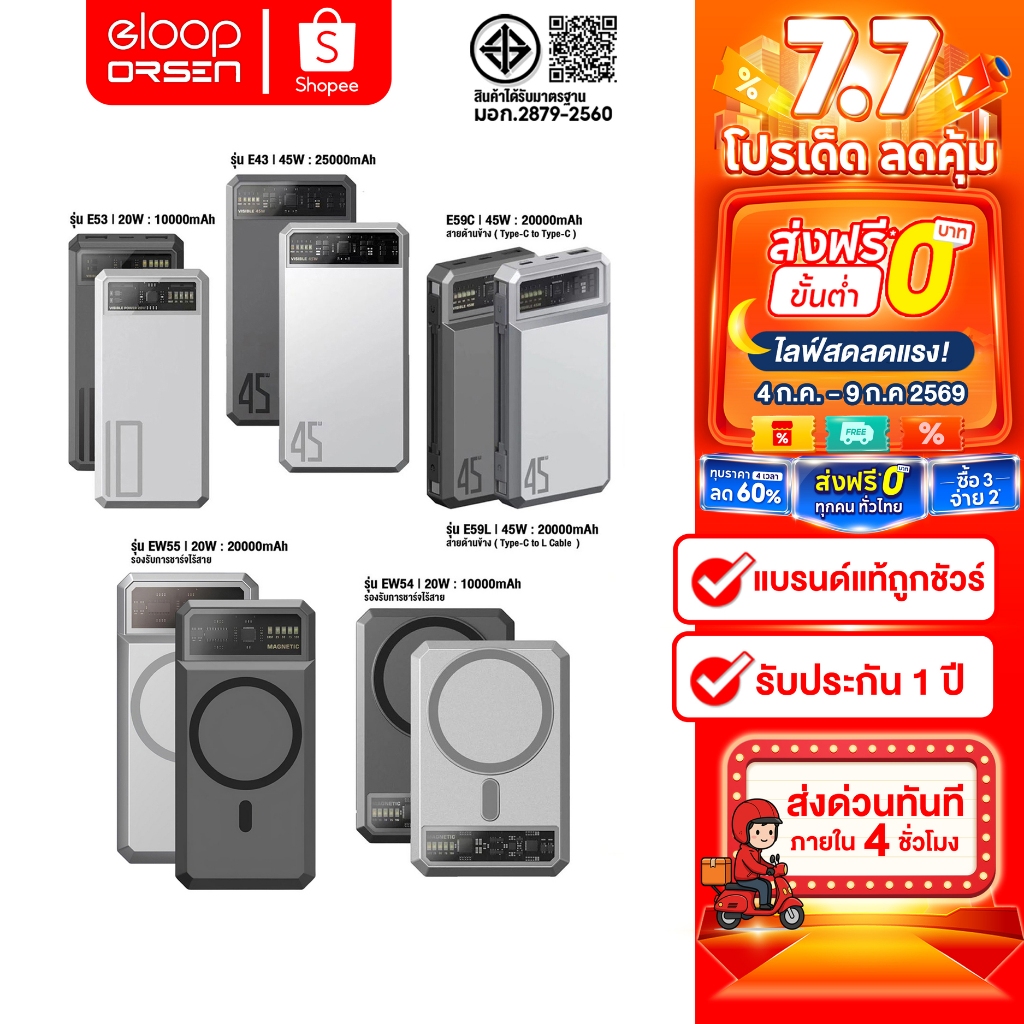 [ติดตาม รับส่วนลด] Eloop EW55 20000mAh / EW54 10000mAh / E43 25000mah / E59 20000mAh รับประกัน 1 ปี