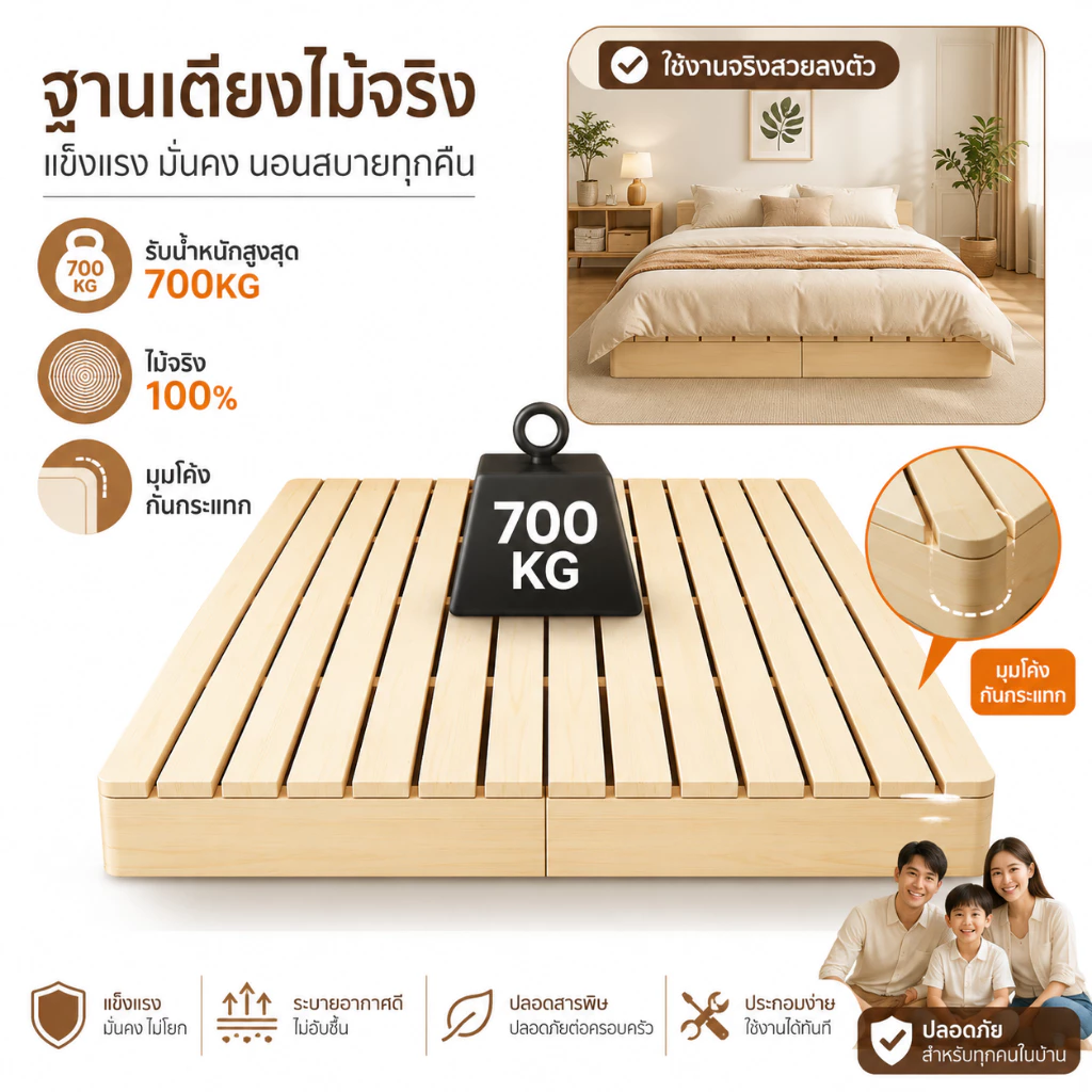 🔥สินค้าพร้อมส่ง🔥เตียงไม้ 3.5/4/5/6ฟุต เตียง ไม้จริง100% รับน้ำหนักได้ 700KG มีอายุการใช้งานอย่างน้อย30ปี