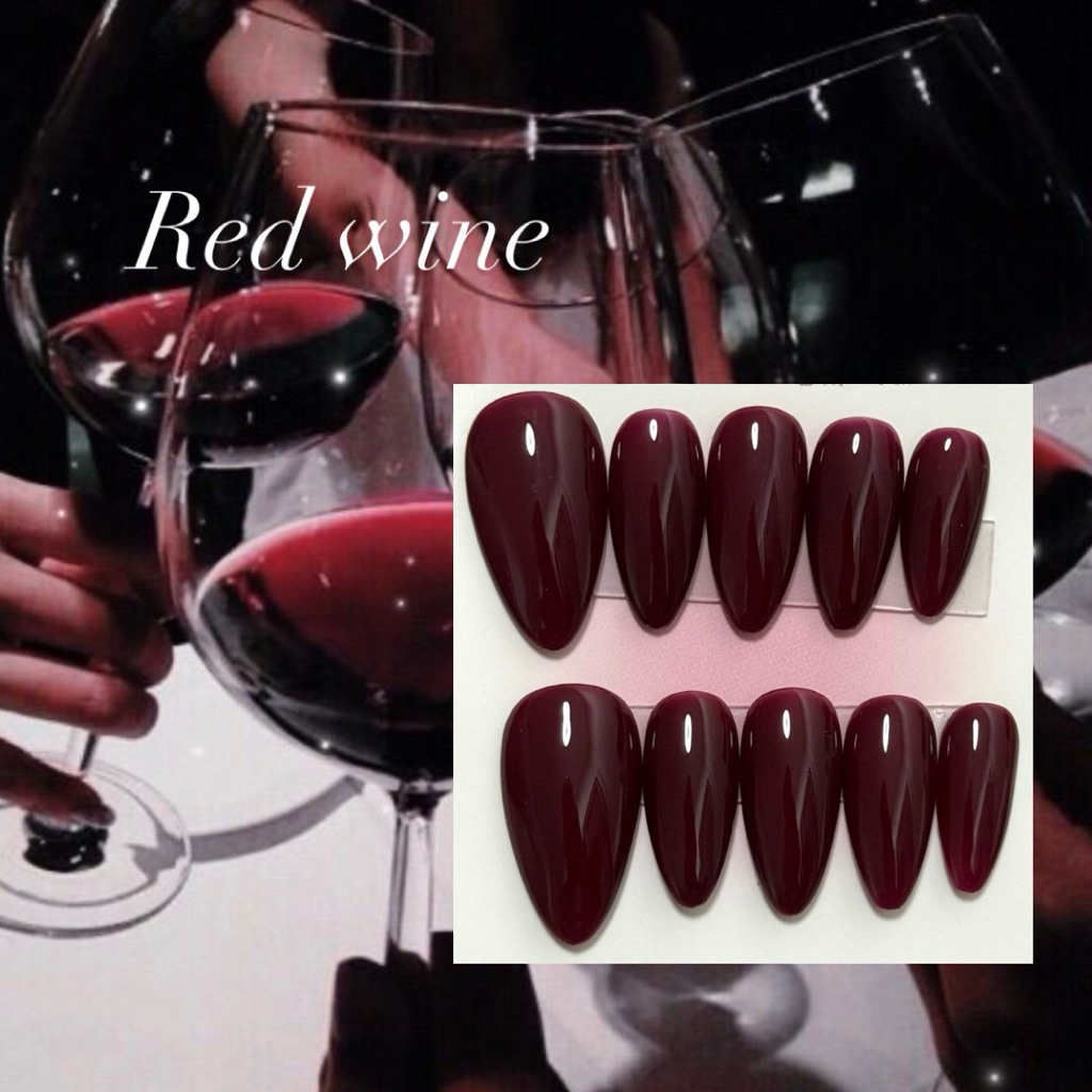 เล็บปลอมเจลสีแดงไวน์ Red wine 🍷🧛🏻‍♀️✨แดงก่ำอมม่วงนิดๆ ไซรัป สีเข้ม ให้ลุคสาวvampire ทรงเสน่ห์  1-2วันจัดส่ง  (มือ,เท้า)