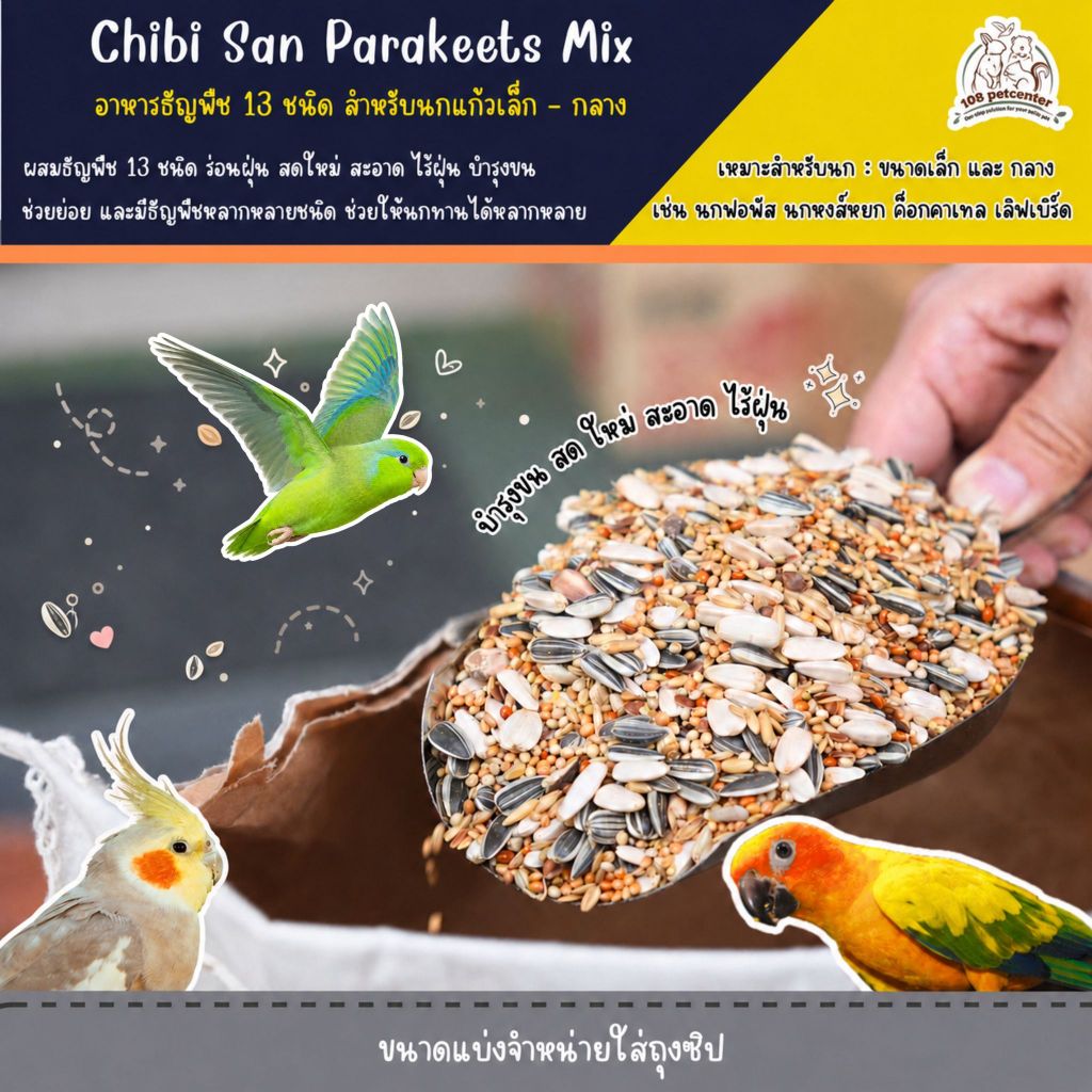 อาหารนก อาหารนกธัญพืช 13 อย่าง Chibi San อาหารนกเลิฟเบิร์ด ฟอพัส ค็อกคาเทล นกแก้วขนาดเล็ก - กลาง