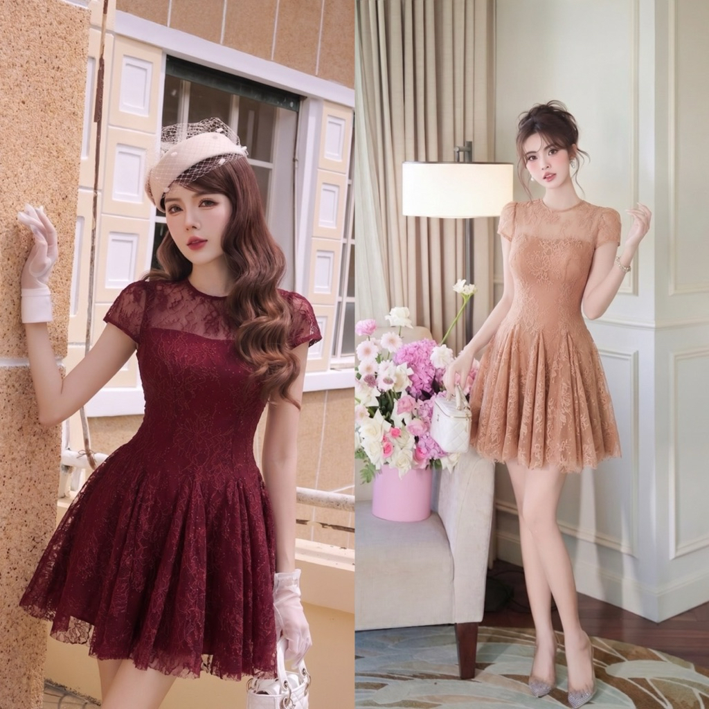D8 งานป้าย Widelia Dress เดรสสั้นผ้าลูกไม้ทอเลื่อม เสื้อผ้าแฟชั่นผู้หญิง ไซส์ S-L