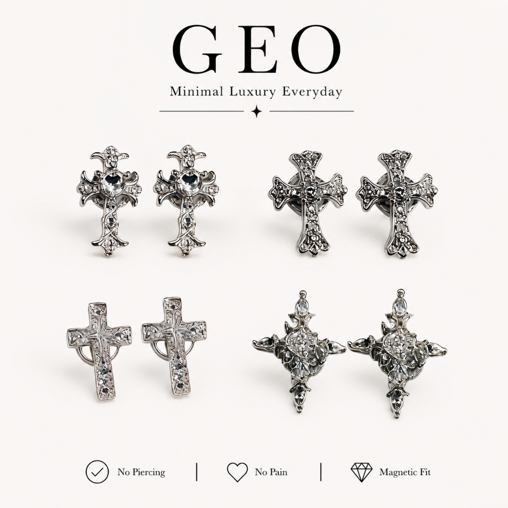 GEO ต่างหูแม่เหล็ก Reliquia Halo Cross | ไม่ต้องเจาะหู | Luxury Gothic Cross Magnetic Earrings