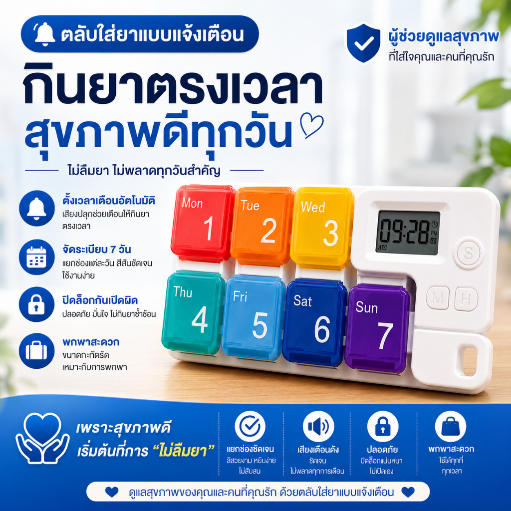 ตลับยาดิจิตอล 7 ช่อง ตั้งเวลาได้ 4 เวลา