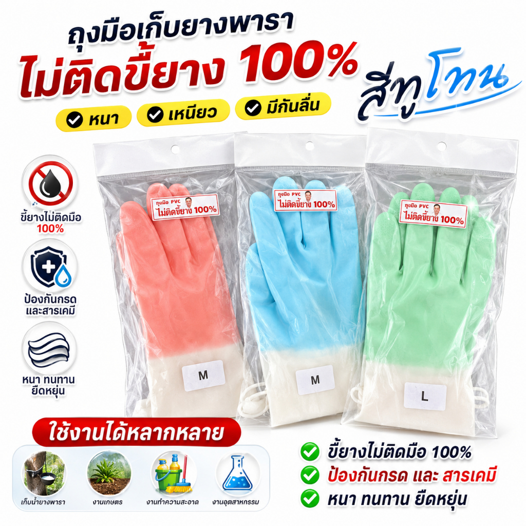 ถุงมือ ถุงมือเก็บขี้ยาง (แพ็ค 3 คู่)ทูโทน/ตงตง รุ่นนี้หนา เหนียว ขี้ยางไม่ติด 100% ทนกรด ป้องกันสารเคมี ไม่ขาดง่าย คละสี