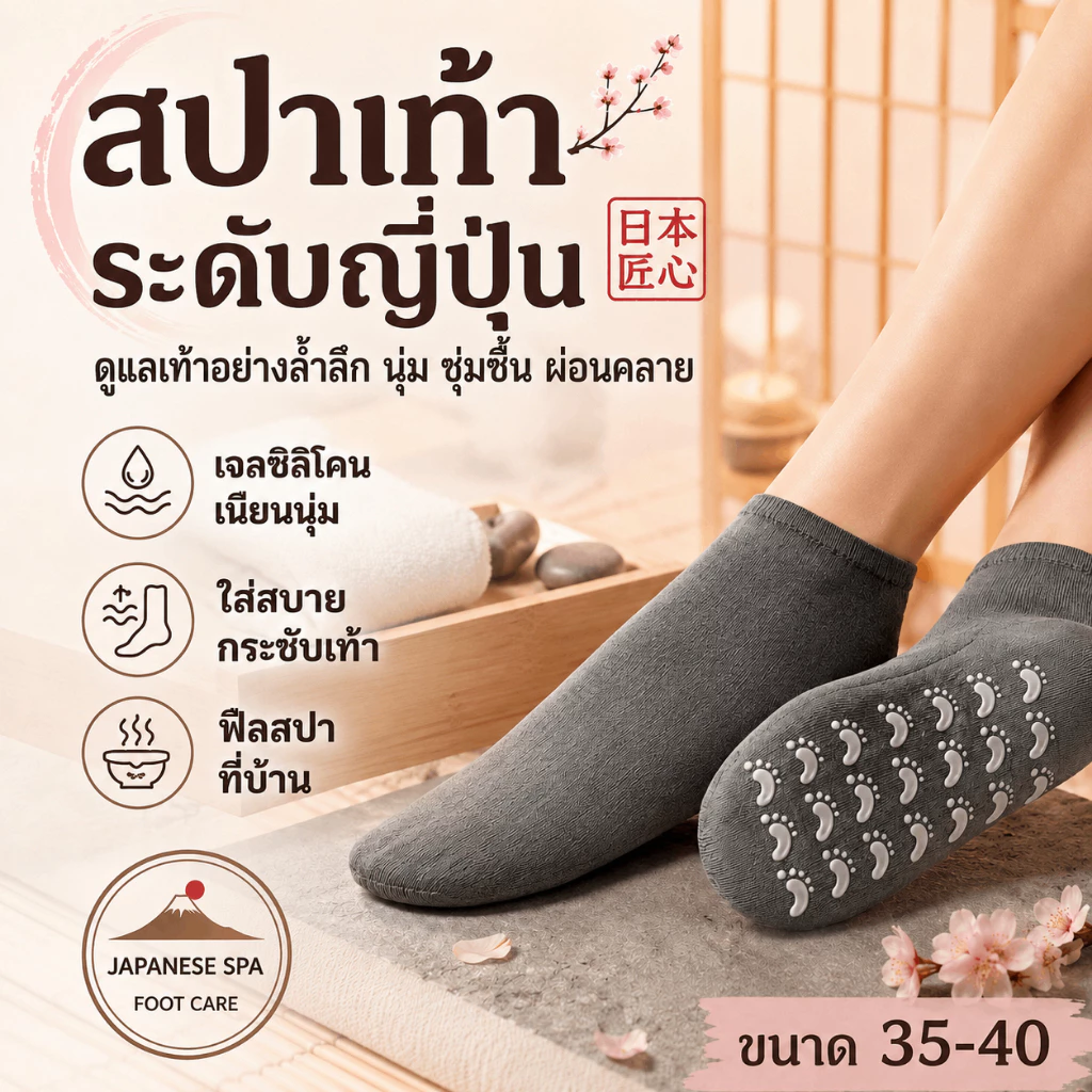 ถุงเท้าสปา ซิลิโคนเจล สำหรับส้นเท้าแตก เท้าแห้ง ให้ความชุ่มชื้น นำเข้าจากญี่ปุ่น ฟรีไซส์
