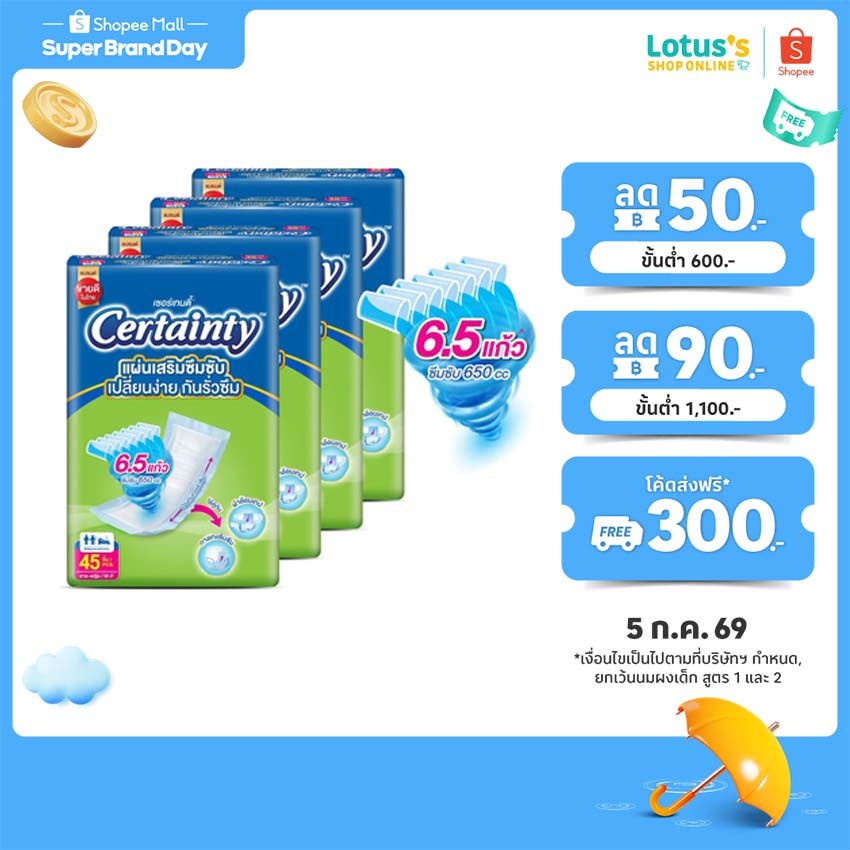 [ทั้งหมด 4 แพ็ค] เซอร์เทนตี้ แผ่นเสริมซึมซับ 45 ชิ้น CERTAINTY SUBPAD 45 PCS