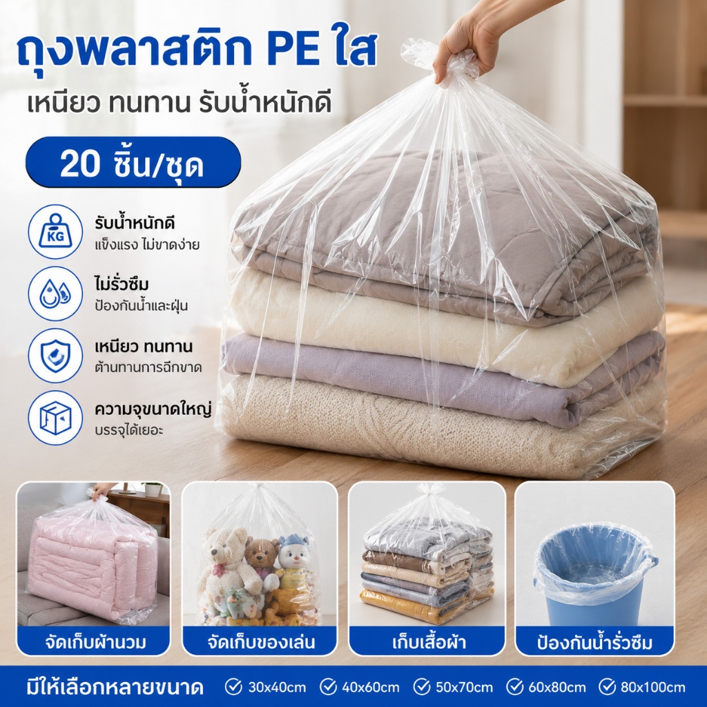 ถุงพลาสติกใบใหญ่ PE ถุงกันฝุ่น กันน้ำ กันน้ำท่วม ถุงเก็บของ ถุงย้ายบ้าน หนาพิเศษ ถุงคลุมตู้เย็น เครื่องใช้ไฟฟ้า 120x120c