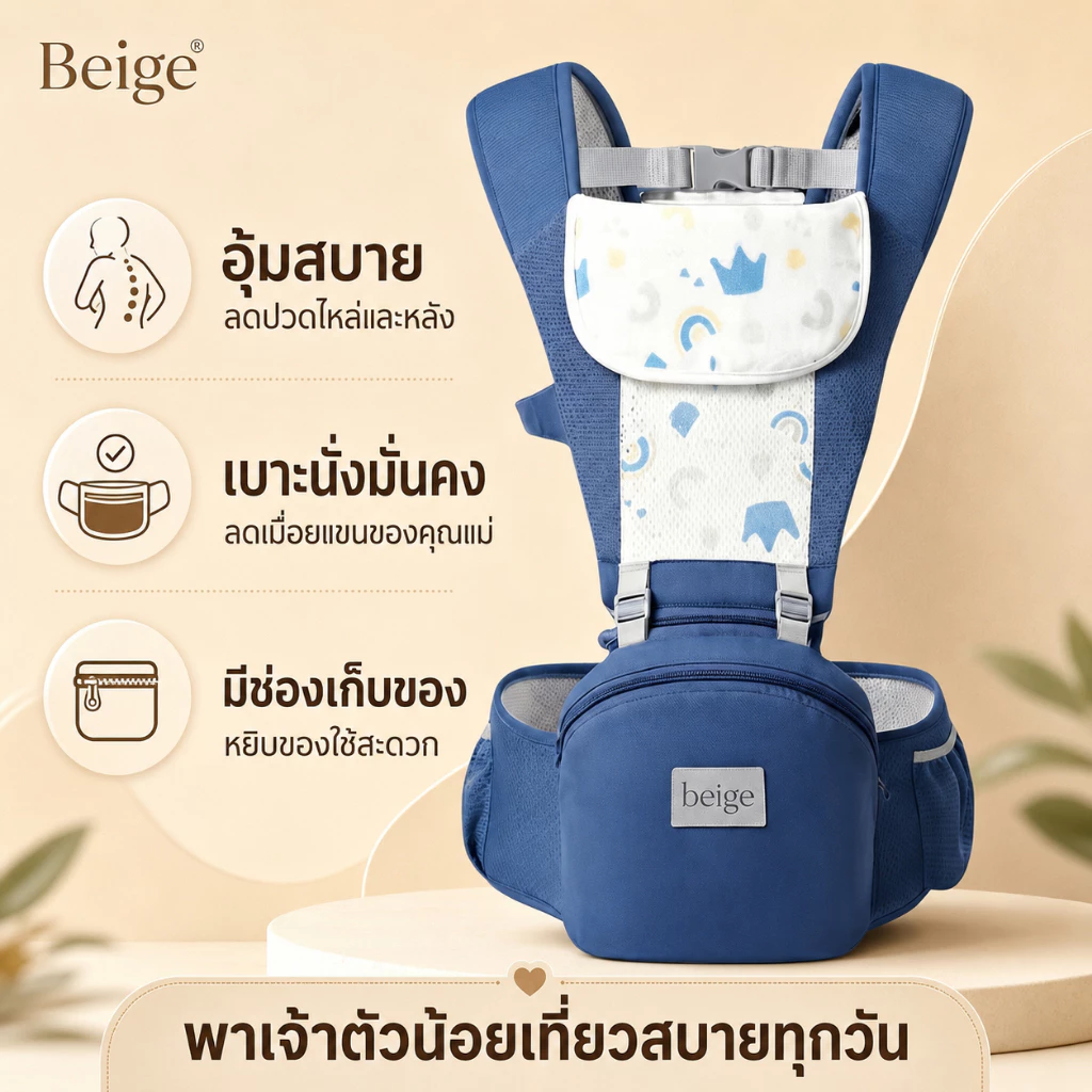 Beige เป้อุ้มเด็ก เป้อุ้มเด็กแรกเกิด เป้อุ้มเด็กฝ้าย การจัดเก็บที่ดี พกพาสะดวก 0-36M