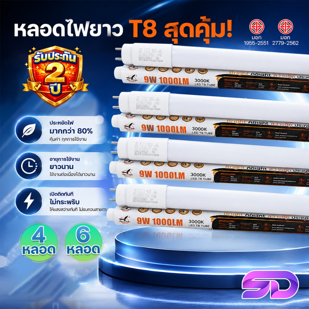 หลอดไฟ LED T8 9W/18W/20W/40W 4/6หลอด รับประกัน2ปี ผ่านมาตรฐาน มอก. ประหยัดสุด สว่างมาก รุ่น HL-T8