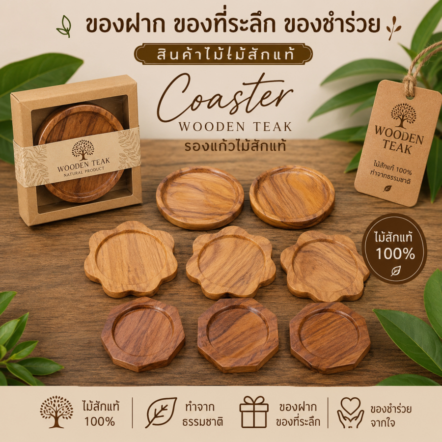 ที่รองแก้วไม้สักแท้ Handmade กันความร้อน Eco Premium ของขวัญ ของแต่งบ้าน