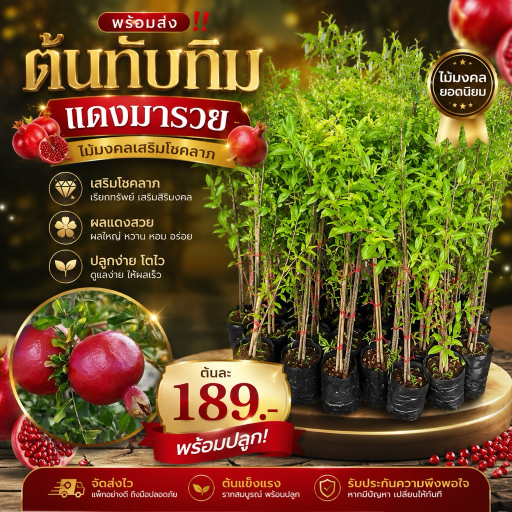 ( พร้อมส่ง ‼️ ) 🍎 ต้นทับทิมแดงมารวย 🌿 ไม้มงคลเสริมโชคลาภ ผลแดงหวานหอม ต้นละ 189.- พร้อมปลูก!