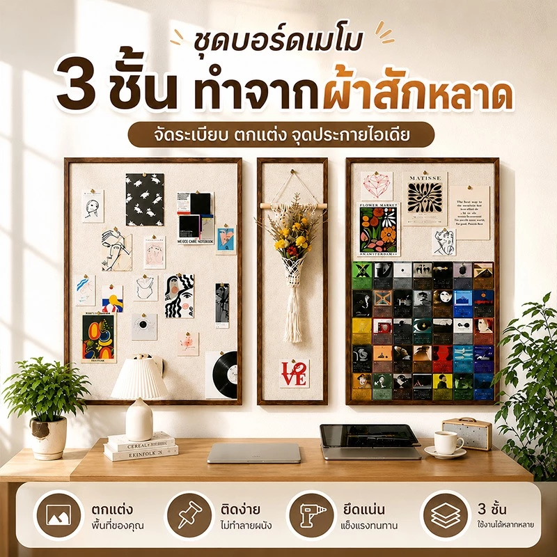 กระดานสักหลาด cork board 3 ชิ้น พร้อมหมุด ตกแต่งห้อง/ออฟฟิศ ปักโน้ตได้ ติดตั้งง่าย