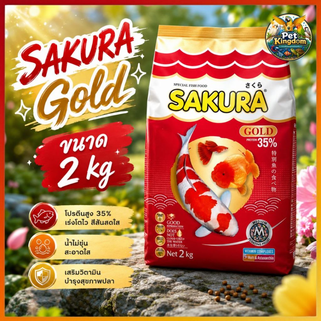 SAKURA Gold อาหารปลา โปรตีน 35% สูตรเร่งโต เร่งสี สีสด วุ้นแน่น ย่อยง่าย น้ำใส 2KG.