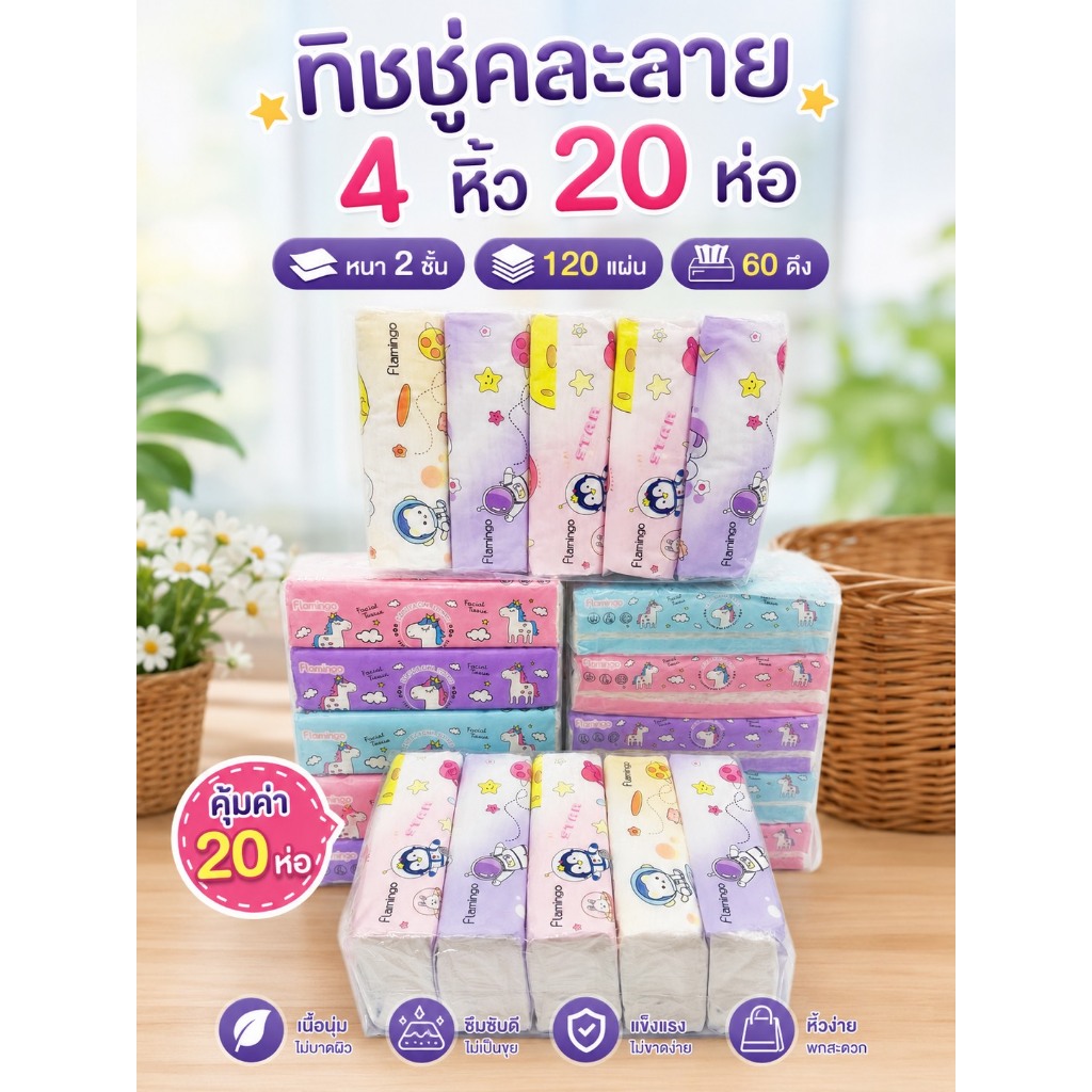 ทิชชู่คละลายน่ารัก(ยกแพ็ค 4หิ้ว 20 ห่อ) นาทีทองดีๆคุ้มๆ บอกต่อ ทำความสะอาด กระดาษชำระ