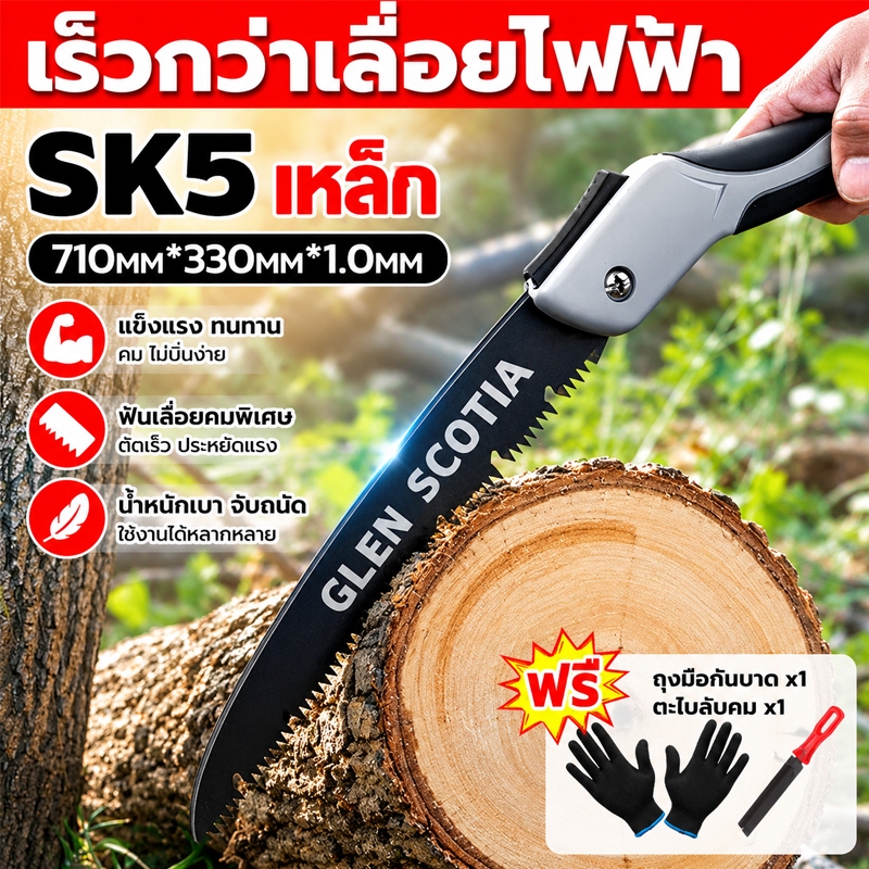 การตัดคมชัดรวดเร็ว เลื่อยพับได้ เหล็ก SK5 ไม่เกิดสนิม เลื่อยมือแบบพกพา พกพาสะดวก เลื่อยไวกว่าเดิม100เท่า เลื่อยตัดไม้