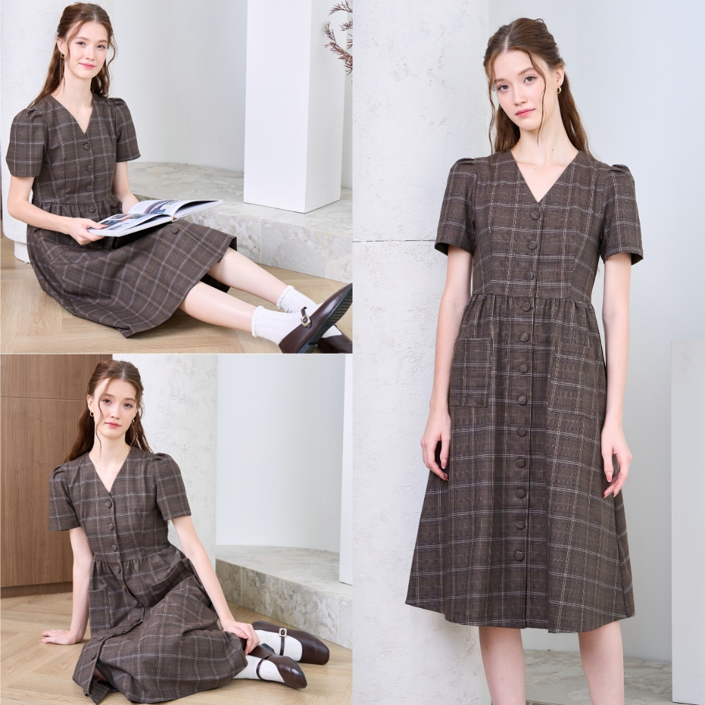 Cheryl brand - Kira Midi Button Dress in Coffee Tartan / เดรสลายสก็อตสีน้ำตาล