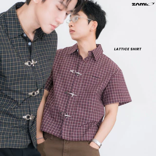 ZAMIO Lattice shirt เสื้อเชิ้ตแขนสั้นทรง boxy กระดุมตะขอจีน