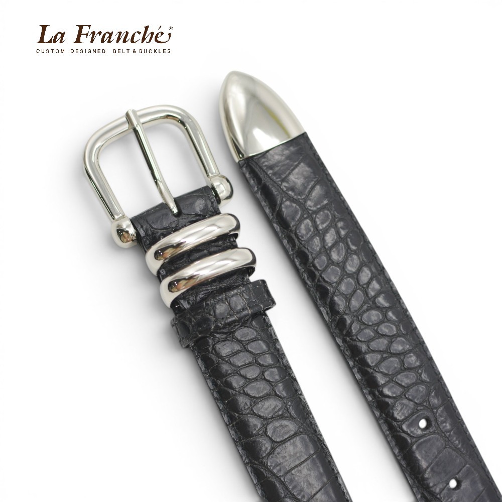 La Franche حزام جلد بقري بنقش تمساح أسود مع إبزيم نيكل — صورة 4