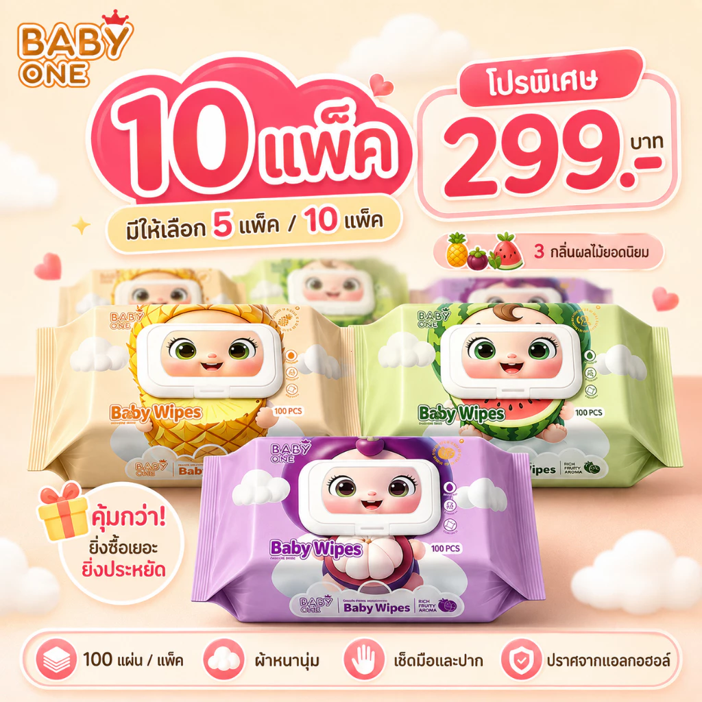 BABYONE ทิชชู่เปียกเด็ก 100 แผ่น ผ้าเช็ดทำความสะอาดเด็ก Wet Wipes 5/10 แพ็ค กลิ่นผลไม้ เช็ดมือและปาก ปราศจากแอลกอฮอล์