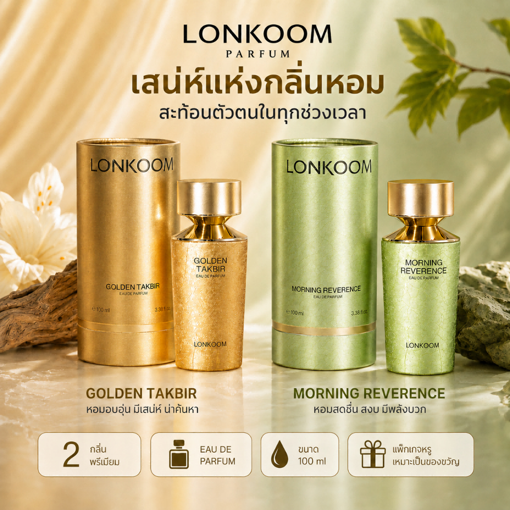 LONKOOM Eau De Parfum100ml น้ำหอมลอนคูม 2กลิ่นพรีเมียม Golden Takbir/Morning Reverenceแพ็กเกจหรู เหมาะเป็นของขวัญ