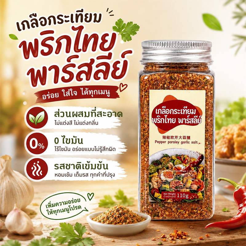 [จัดส่งไว]เกลือกระเทียมผักชีฝรั่งรสเผ็ด 110g กระเทียม ผักชีฝรั่ง เครื่องปรุงรส เกลือกระเทียม