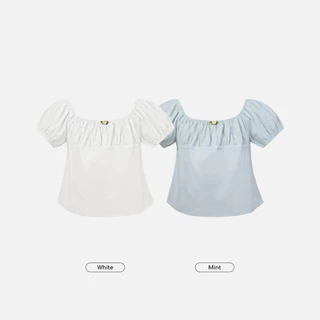 Paloy - PL5592 เสื้อแฟชั่นแขนตุ๊กตา คอเย็บแต่งย่น ติดดอกไม้