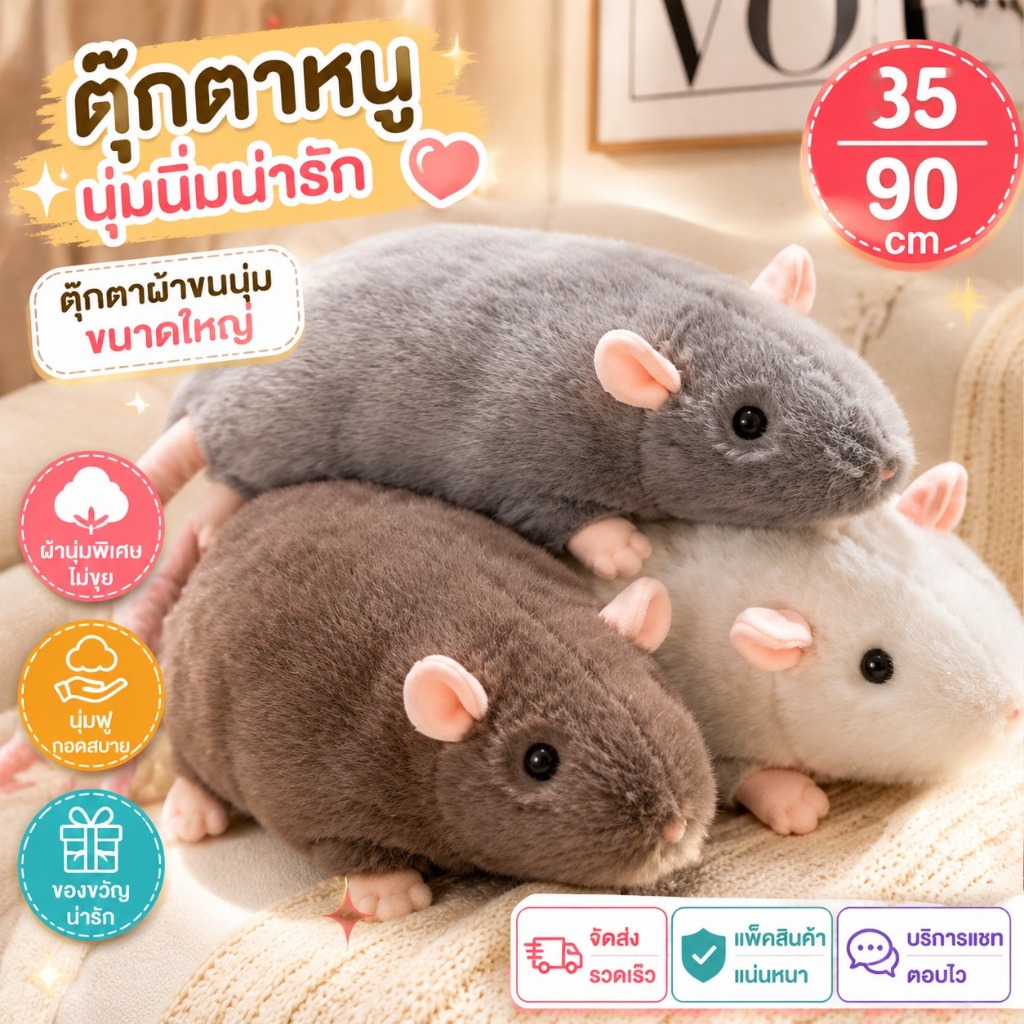 ตุ๊กตาหนูดอกไม้ 35/90cm ขนาดใหญ่ดอกไม้สาขาหนู ตุ๊กตาน่ารักการ์ตูนนุ่ม ของขวัญวันเกิด