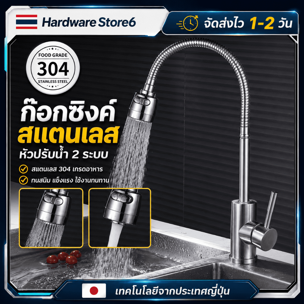 Hardware Store6 จัดส่งภายใน 24 ชม. COD ก๊อกน้ำซิงค์ตั้งสแตนเลส304 ปรับน้ำได้ 2 ระดับ หมุน360° คอยืดหยุ่น ติดตั้งง่าย ทน!