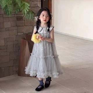 PRINCESS KESLI ชุดเดรสเด็กผู้หญิ แขนกุด คอปกแขนตุ๊กตา ผ้าซีควินส์ ดูหรูหราและน่ารักมาก เหมาะกับงานปาร์ตี้วันเกิด 2-12 ปี