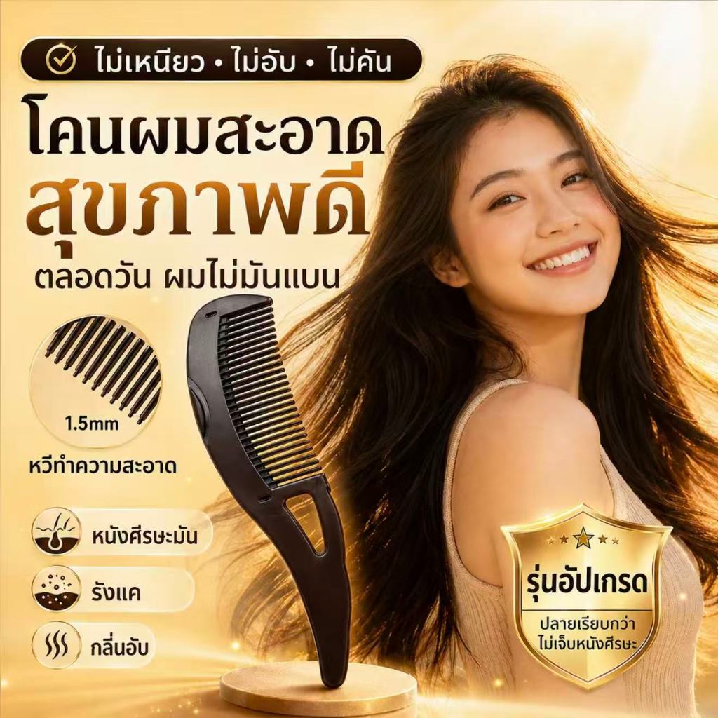 หวีขจัดความมันนี้มีกลไกการกดเพื่อช่วยลดผมชี้ฟู นวดหนังศีรษะ เพิ่มวอลลุ่ม และป้องกันไฟฟ้าสถิต