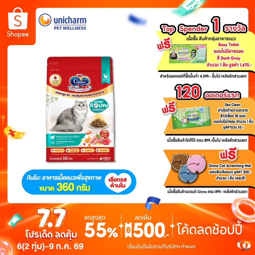 [ใหม่! เลือกรสชาติได้] Ginno Dry Health กินโนะ อาหารเม็ดแมวสูตรสุขภาพ 360g.