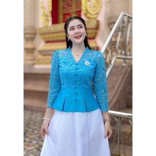 เสื้อสีฟ้า ผ้าลูกไม้ ผ้าไหมสี่เส้น อัดกาว ดีไซน์ทันสมัย