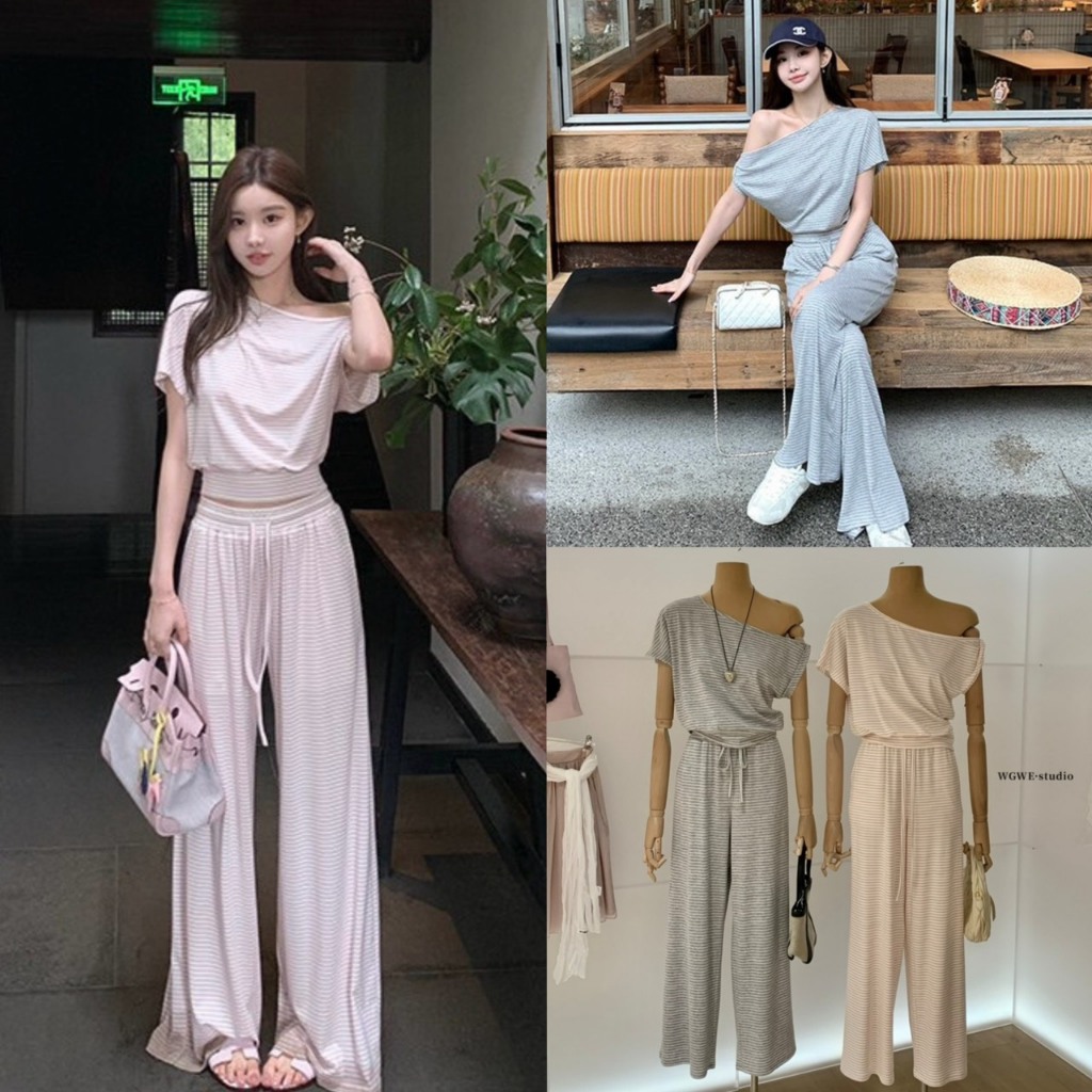 Set2pcs เสื้อคอกว้างลายริ้ว+กางเกงขายาว - 10253 TAG WG.WE