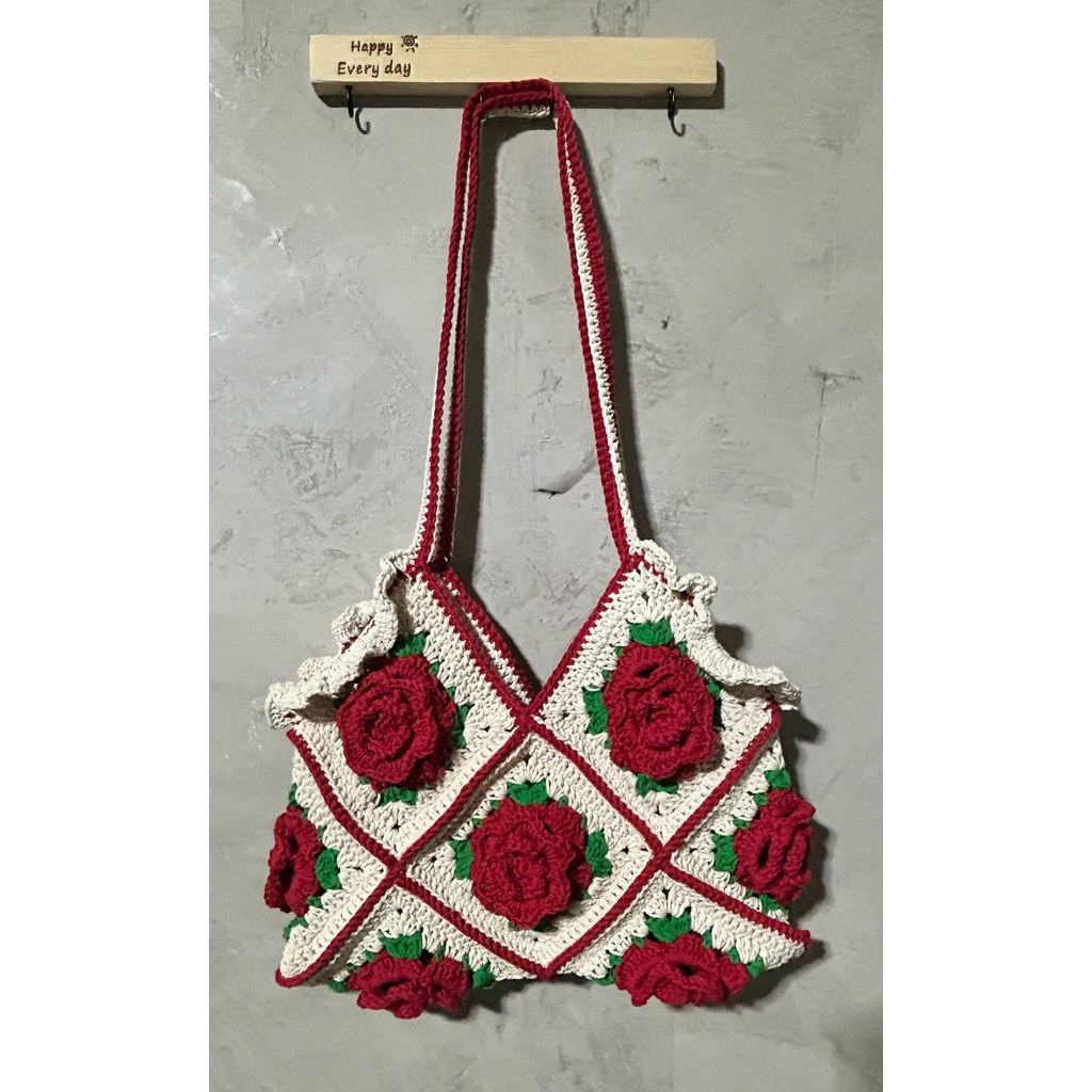 กระเป๋าถักเชือกฟอกนิ่ม Granny Square ขนาด สะพายไหล่ ก.10นิ้วส.8นิ้ว