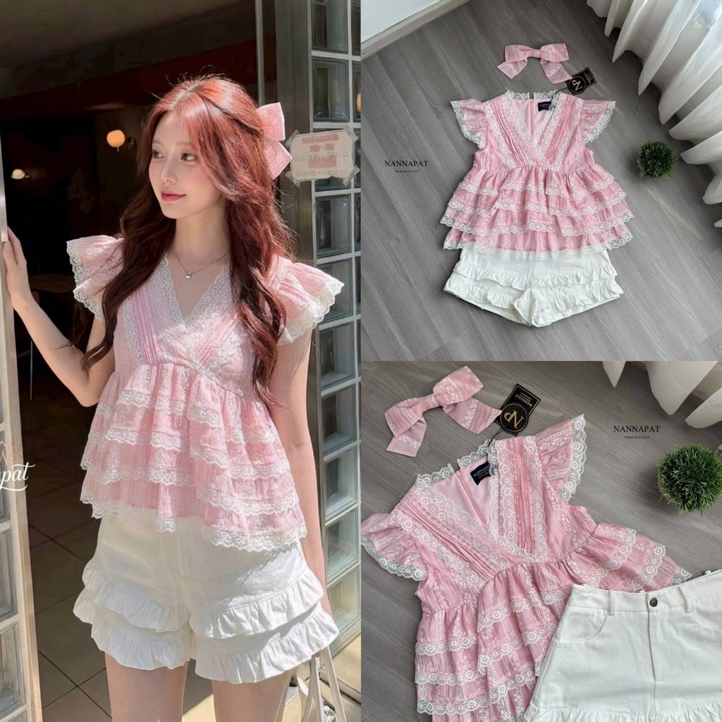 [NANNAPAT] เซ็ตเสื้อสีชมพูแต่งลูกไม้ระบายฟูๆ แมทช์ขาสั้นสีขาว แถมกิ๊บโบว์ ลุคคุณหนูที่ใครเห็นก็ต้อง