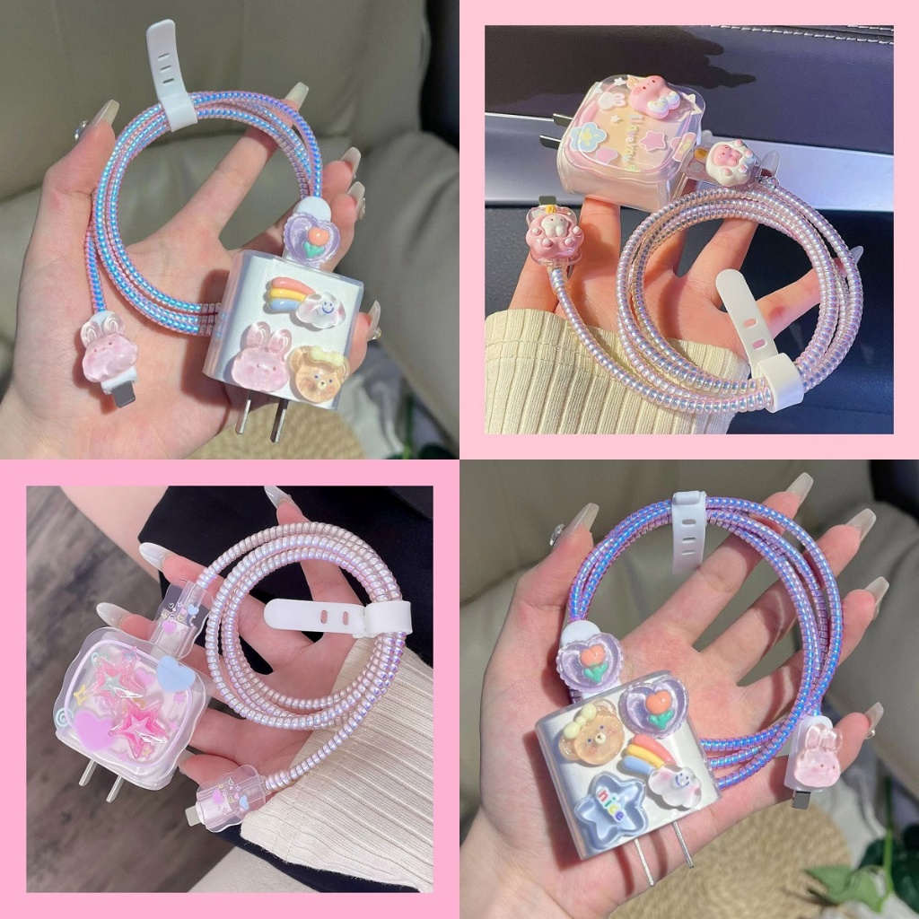 จัดส่งจากไทย ดอกไม้สีฟ้าใสสีชมพูกระต่ายสุนัขหูใหญ่ ชุดพันสาย เคสหัวชาร์จ ตัวถนอมสาย USB 20w