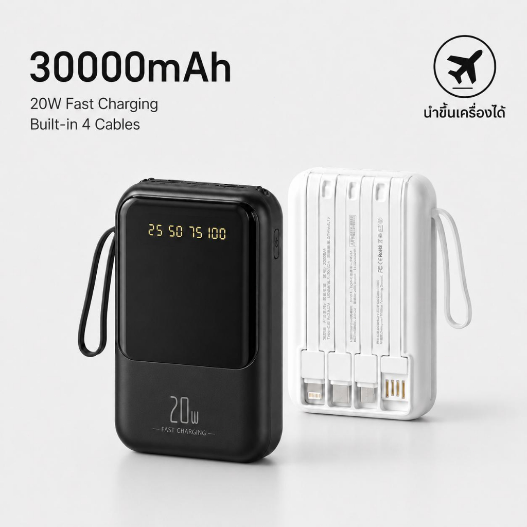 พาวเวอร์แบงค์ 30000mAh ชาร์จเร็ว 20W สายชาร์จในตัว 4 เส้น ขนาดกะทัดรัด พกพาสะดวก พกขึ้นเครื่องได้ ไฟ LED คู่ จอดิจิทัล