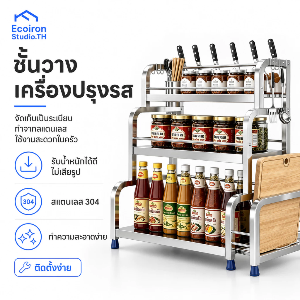 EcoIron Studio ชั้นวางเครื่องปรุง สแตนเลส 2/3ชั้น ชั้นวางของในครัว แบบวางเขียงตั้งโต๊ะ วางเขียง ขวดน้ำมัน กันสนิม