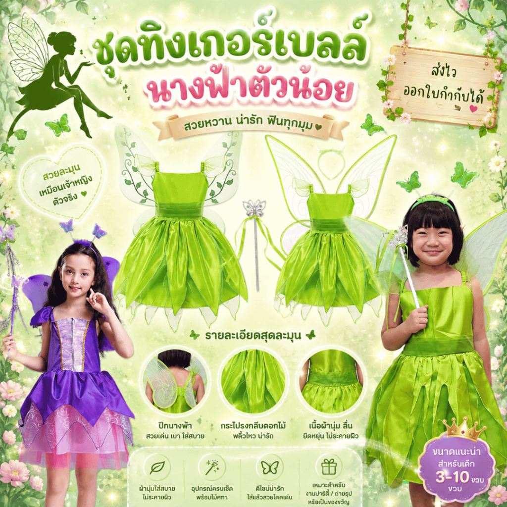 พร้อมส่งในไทย ชุดแฟนซีทิงเกอร์เบลล์ ชุดทิงเกอร์เบลล์ (Tinkerbell) ปีเตอร์แพน Peterpan