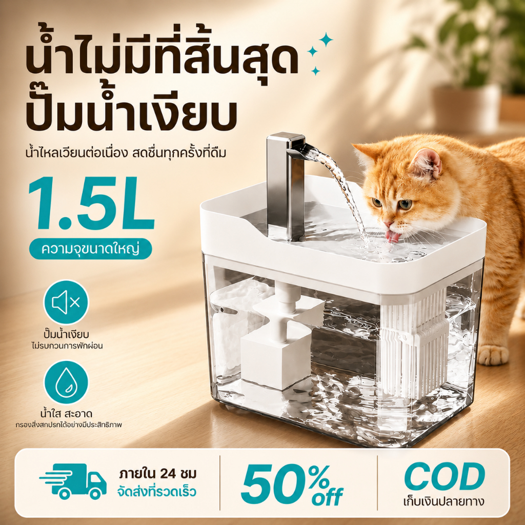 😺PETWELL น้ำพุแมว 1.5L น้ำพุสัตว์เลี้ยง อัตโนมัติ  ปั๊มน้ำเงียบ ลิตร กรองแบบวงจร ลดเสียงรบกวน