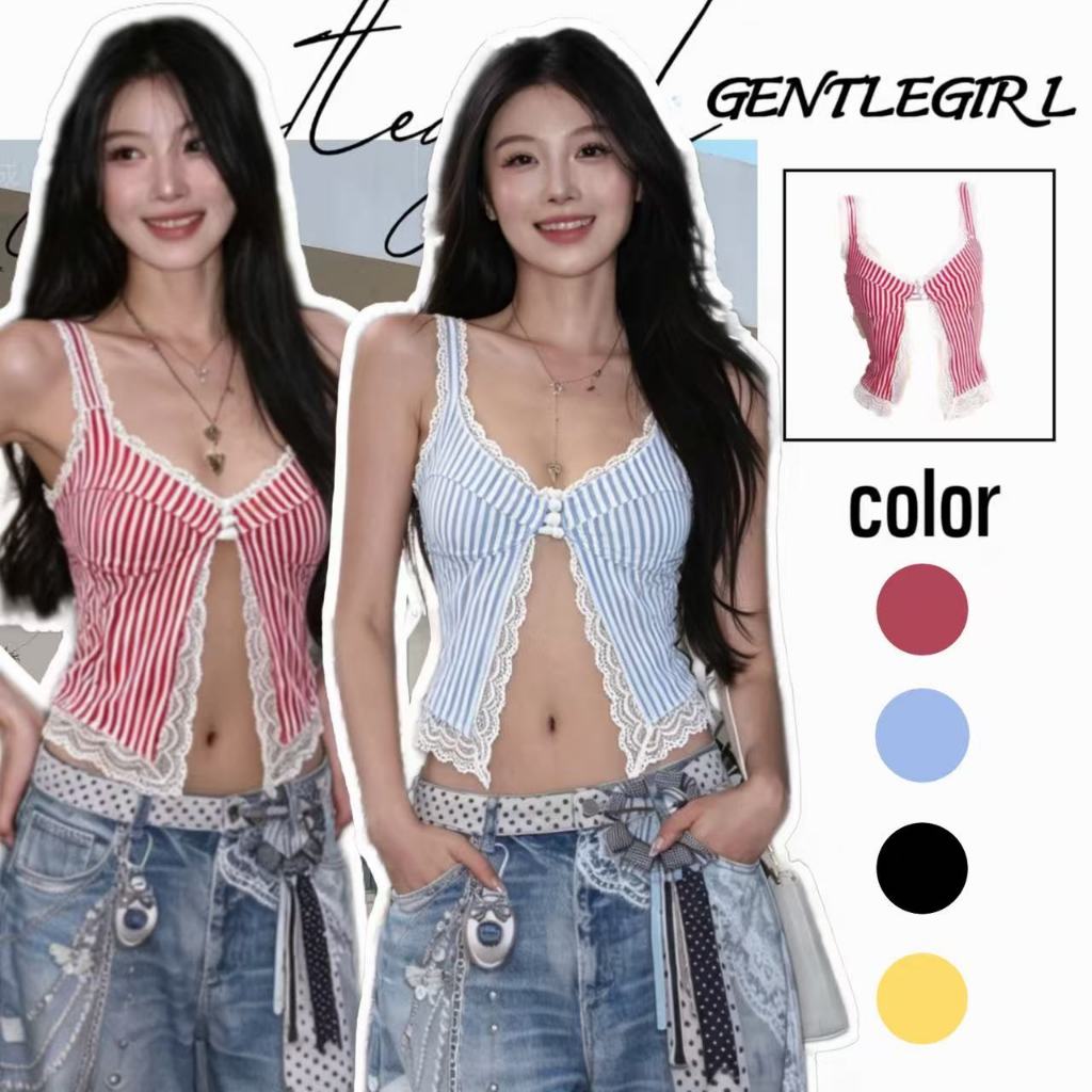 #GG🎀เสื้อสายเดี่ยวลายทางแต่งลูกไม้ ทรงเข้ารูป สไตล์หวานแซ่บ มี 4 สี ไซส์ S–XL