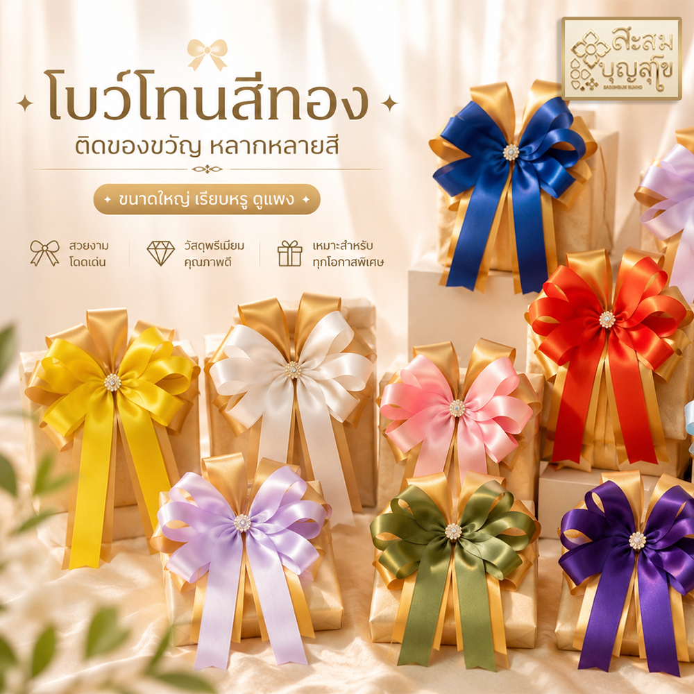 โบว์ติดของขวัญ ติดสังฆทาน ติดกระเช้า โทนสีทอง 2ชั้น (ขนาด 6*10 นิ้ว) หลากหลายสี✅ - ร้านสะสมบุญ สุโข
